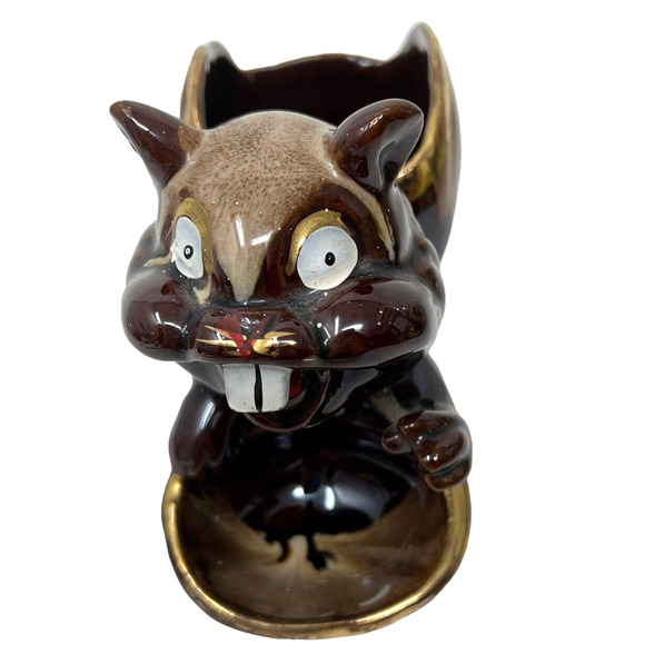 Squirrel Chipmunk Crazy Buck Tooth Brown Ceramic Nut Trinket Dish Vintage Japan - Picture 3 of 10